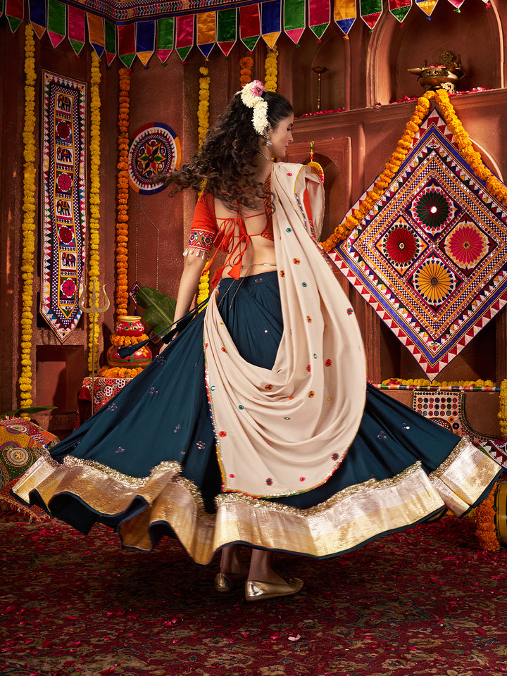 Teal Blue Navratri Lehenga Choli in Viscose Cotton with Mirror & Kutchi Work – Traditional Gujarati Garba Outfit