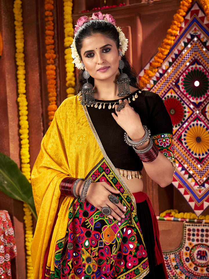 Navratri Special Multicolor Lehenga Choli Set in Viscose Cotton with Mirror, Kutchi & Lampi Work – Traditional Garba Outfit for Women