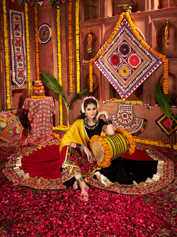 Navratri Special Multicolor Lehenga Choli Set in Viscose Cotton with Mirror, Kutchi & Lampi Work – Traditional Garba Outfit for Women