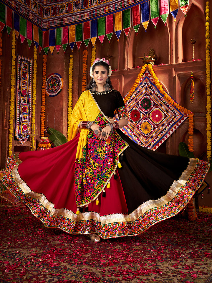 Navratri Special Multicolor Lehenga Choli Set in Viscose Cotton with Mirror, Kutchi & Lampi Work – Traditional Garba Outfit for Women