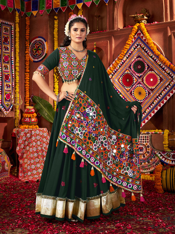 Green Viscose Cotton Navratri Lehenga Choli with Kutchi Mirror Work & Lampi Border – Traditional Garba Outfit