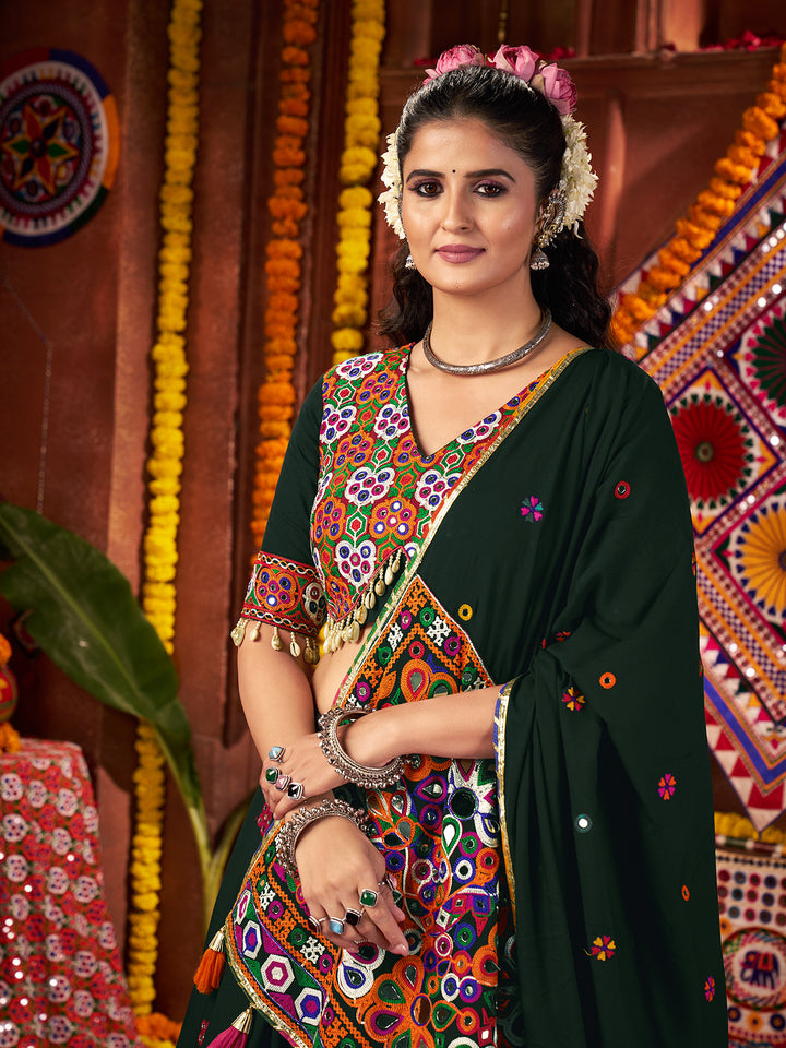 Green Viscose Cotton Navratri Lehenga Choli with Kutchi Mirror Work & Lampi Border – Traditional Garba Outfit