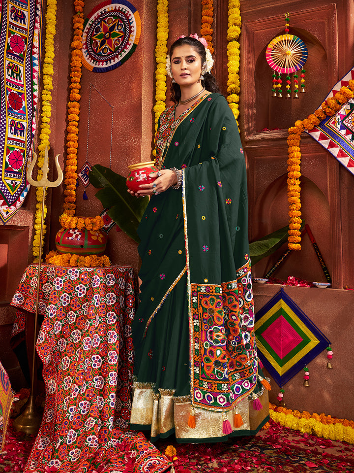 Green Viscose Cotton Navratri Lehenga Choli with Kutchi Mirror Work & Lampi Border – Traditional Garba Outfit