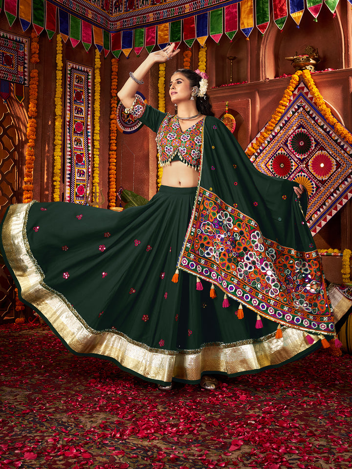 Green Viscose Cotton Navratri Lehenga Choli with Kutchi Mirror Work & Lampi Border – Traditional Garba Outfit