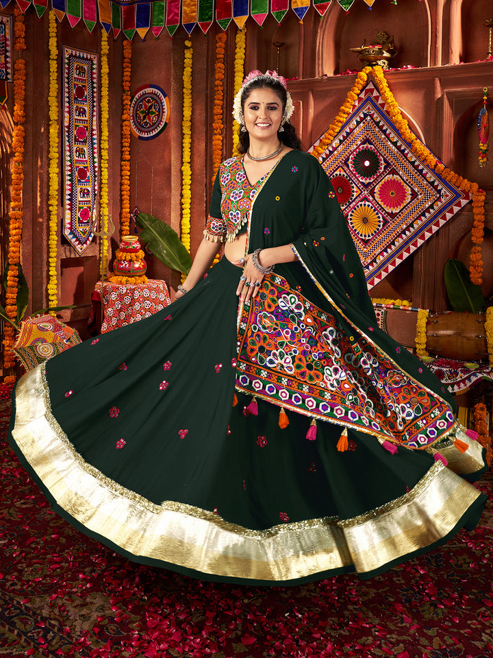 Green Viscose Cotton Navratri Lehenga Choli with Kutchi Mirror Work & Lampi Border – Traditional Garba Outfit