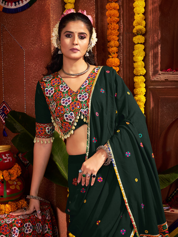 Green Viscose Cotton Navratri Lehenga Choli with Kutchi Mirror Work & Lampi Border – Traditional Garba Outfit