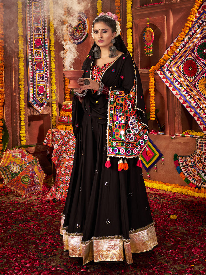 Black Kutchi Work Navratri Lehenga Choli with Mirror & Kodi Handwork | Viscose Cotton & Silk Dupatta Set