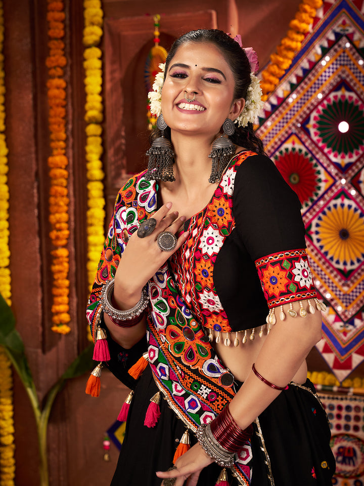 Black Kutchi Work Navratri Lehenga Choli with Mirror & Kodi Handwork | Viscose Cotton & Silk Dupatta Set