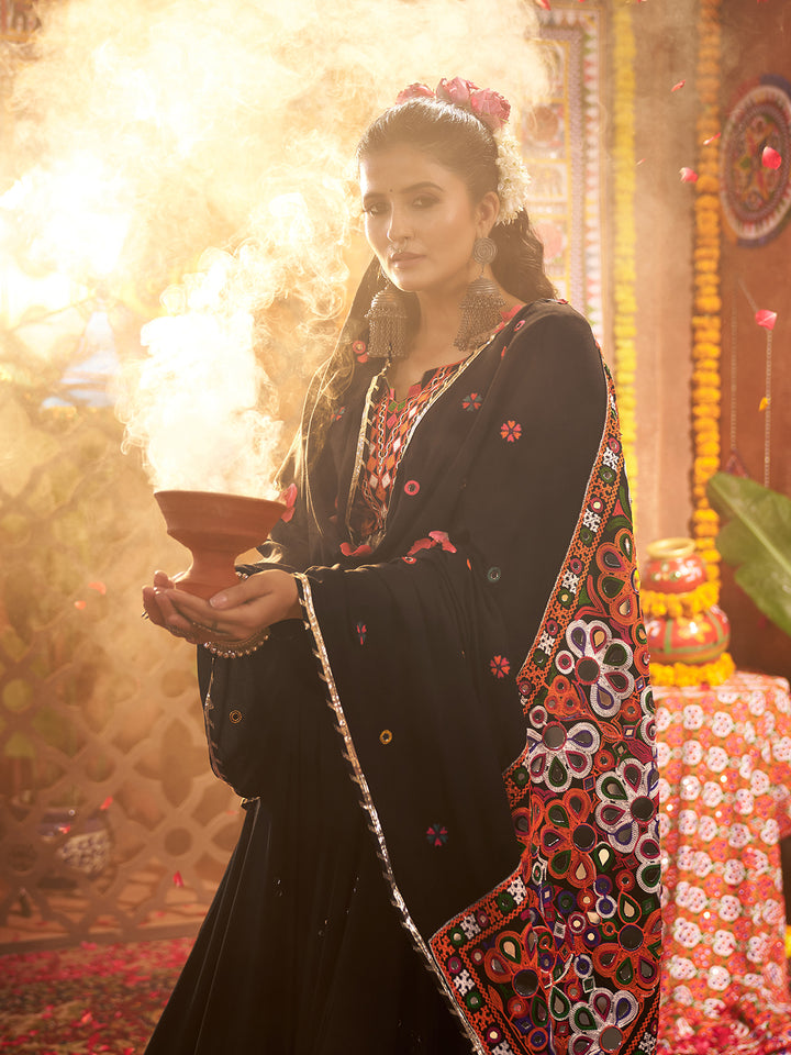 Black Kutchi Work Navratri Lehenga Choli with Mirror & Kodi Handwork | Viscose Cotton & Silk Dupatta Set