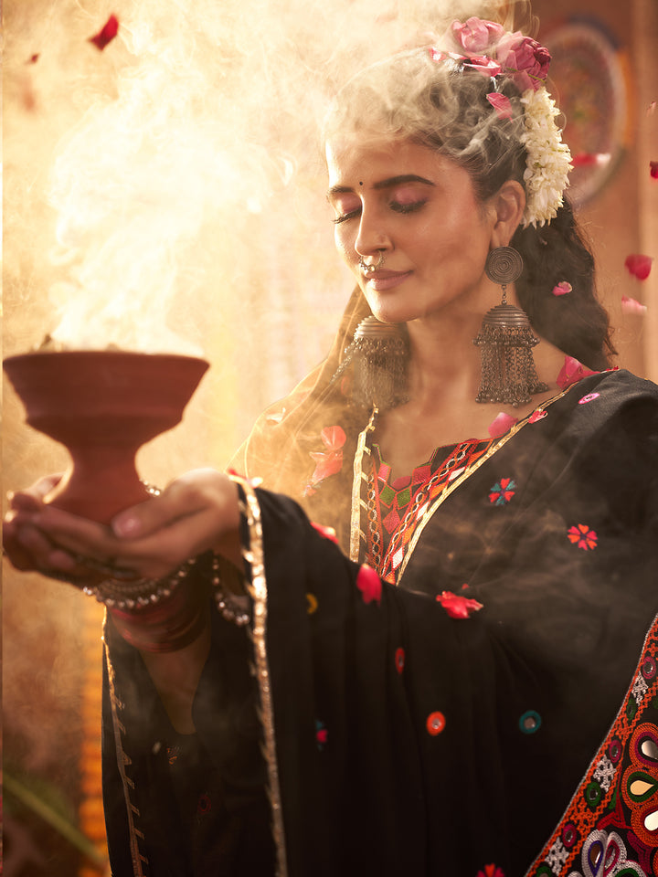 Black Kutchi Work Navratri Lehenga Choli with Mirror & Kodi Handwork | Viscose Cotton & Silk Dupatta Set