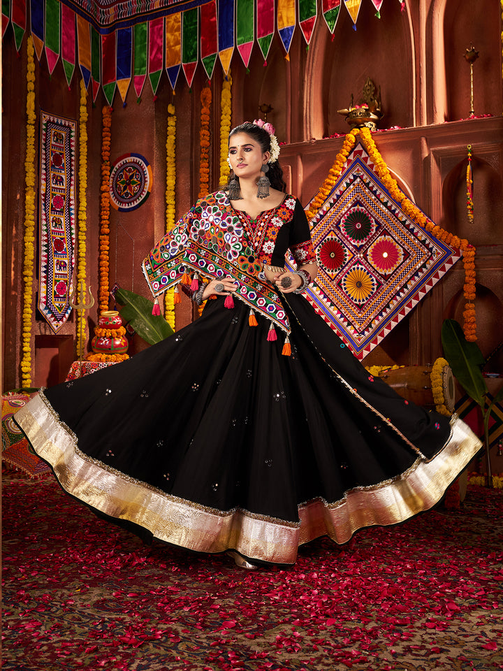 Black Kutchi Work Navratri Lehenga Choli with Mirror & Kodi Handwork | Viscose Cotton & Silk Dupatta Set