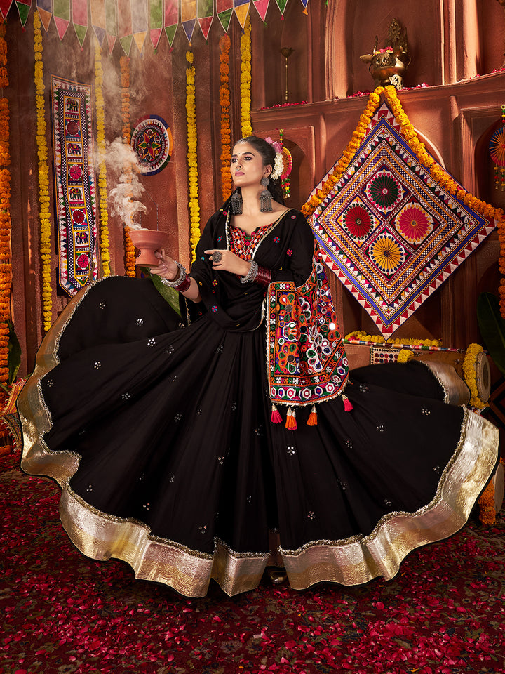 Black Kutchi Work Navratri Lehenga Choli with Mirror & Kodi Handwork | Viscose Cotton & Silk Dupatta Set