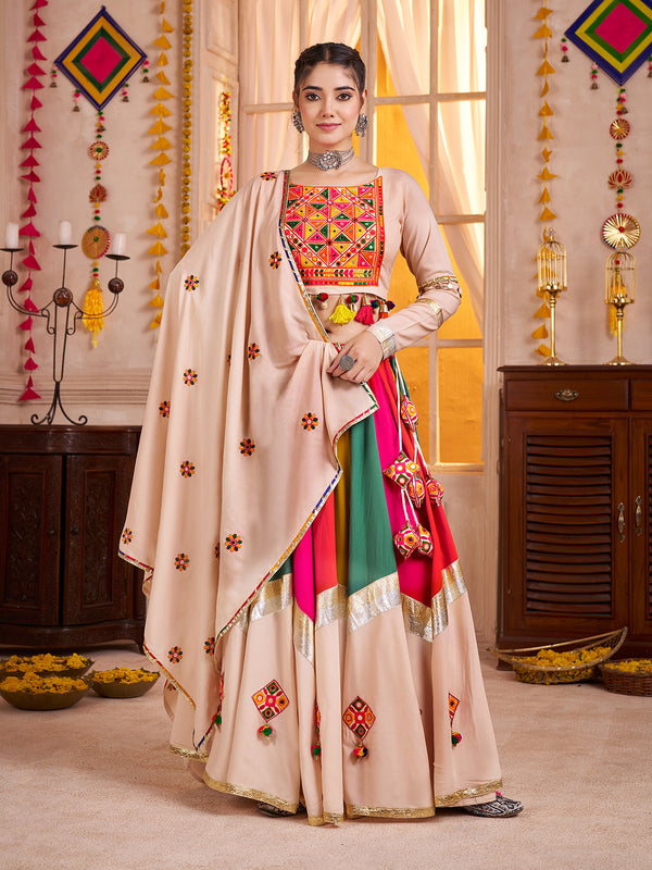 Beige Lehenga Choli for Navratri | Thread & Mirror Work | Viscose Cotton