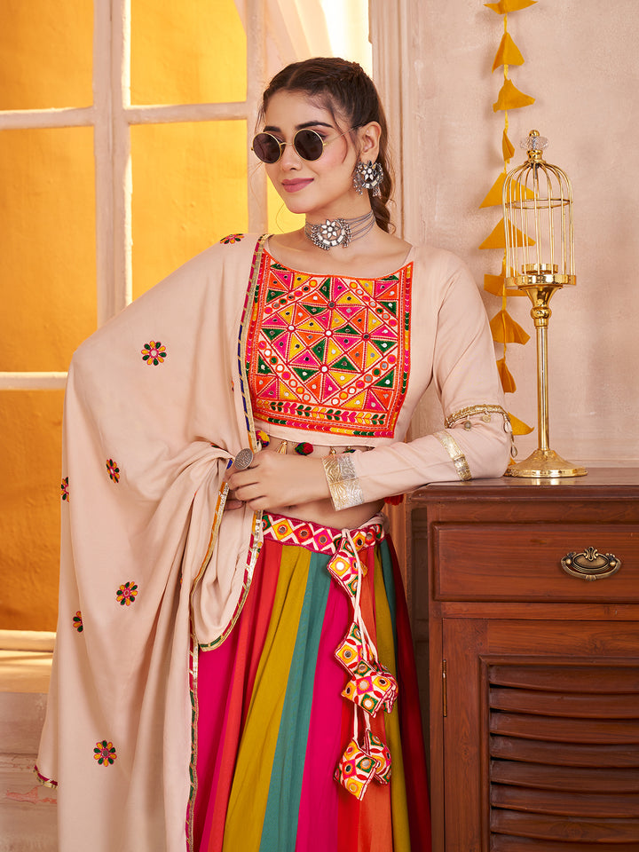 Beige Lehenga Choli for Navratri | Thread & Mirror Work | Viscose Cotton