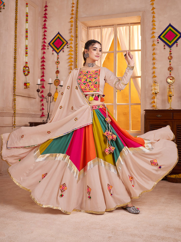 Beige Lehenga Choli for Navratri | Thread & Mirror Work | Viscose Cotton