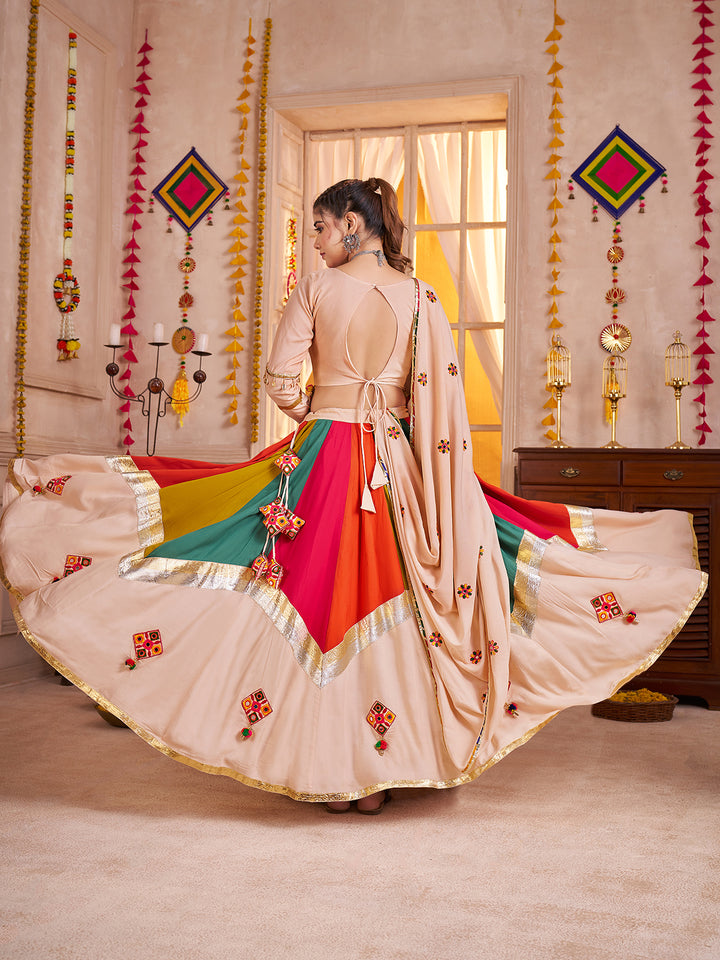 Beige Lehenga Choli for Navratri | Thread & Mirror Work | Viscose Cotton