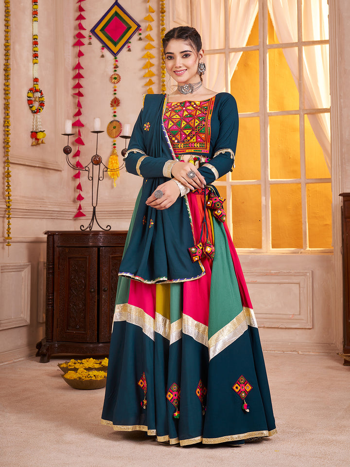 Teal Blue Lehenga Choli for Navratri | Mirror & Lampi Work | Viscose Cotton