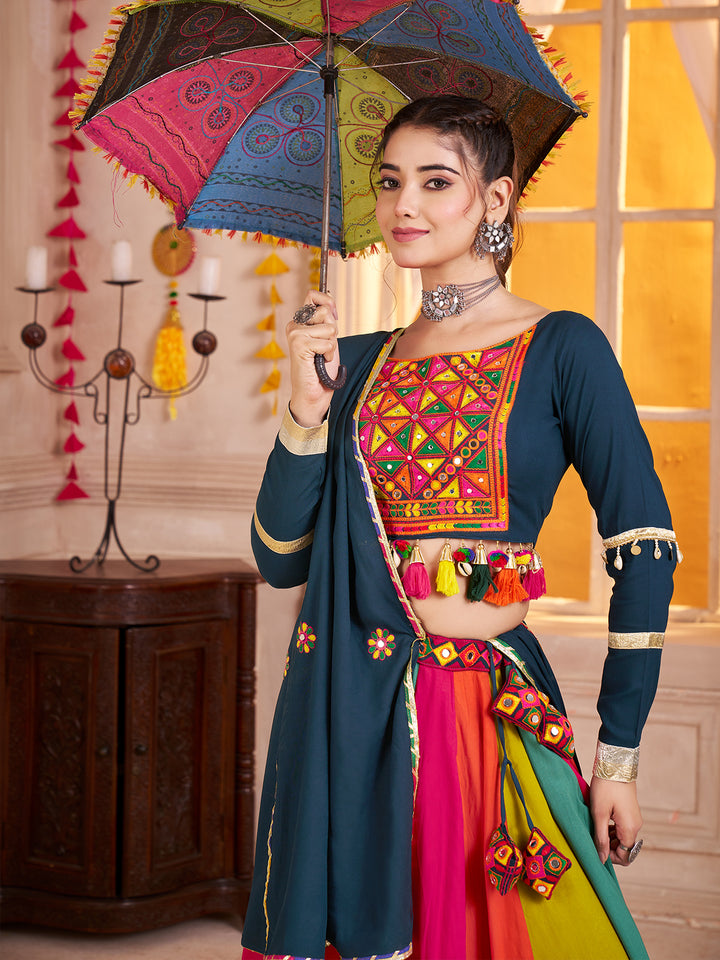 Teal Blue Lehenga Choli for Navratri | Mirror & Lampi Work | Viscose Cotton