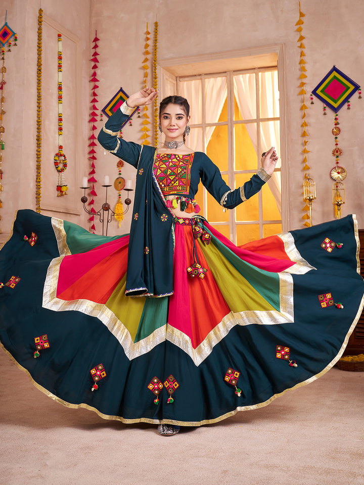 Teal Blue Lehenga Choli for Navratri | Mirror & Lampi Work | Viscose Cotton