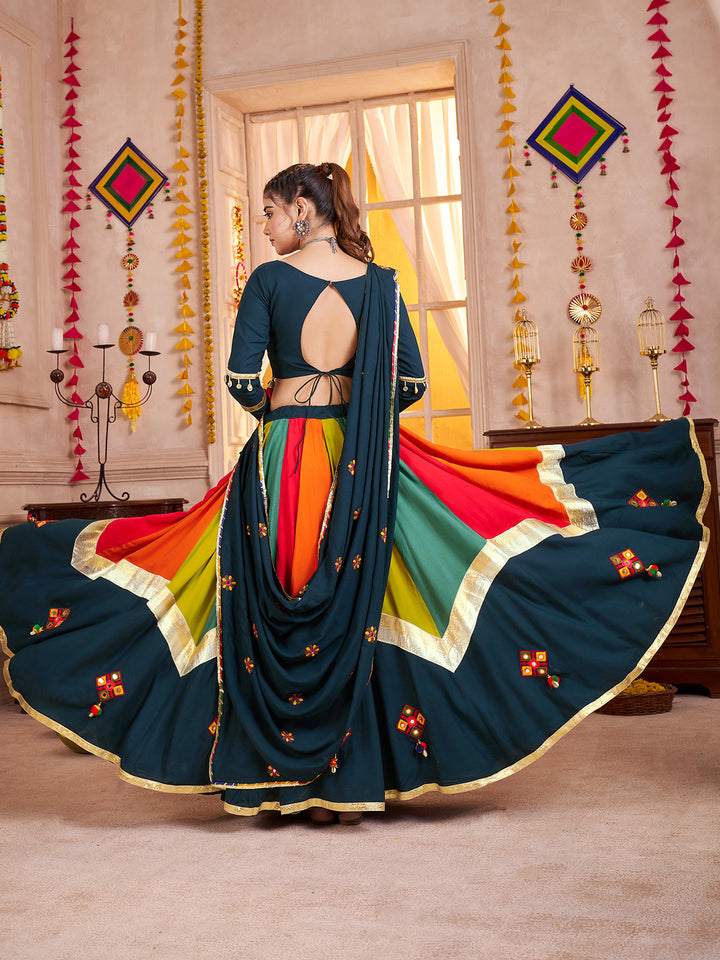 Teal Blue Lehenga Choli for Navratri | Mirror & Lampi Work | Viscose Cotton