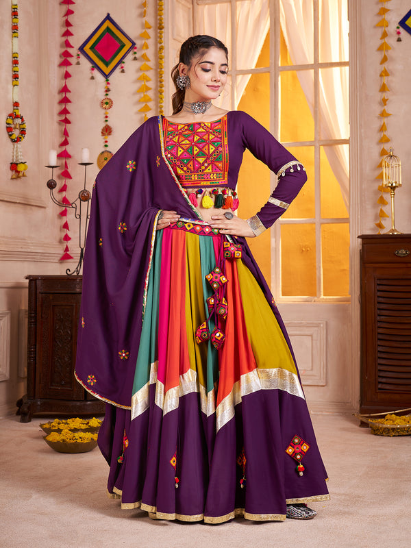 Purple Lehenga Choli for Navratri | Viscose Cotton Thread & Mirror Work | Festive Ethnic Wear