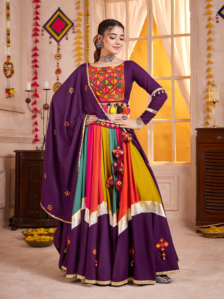 Purple Lehenga Choli for Navratri | Viscose Cotton Thread & Mirror Work | Festive Ethnic Wear