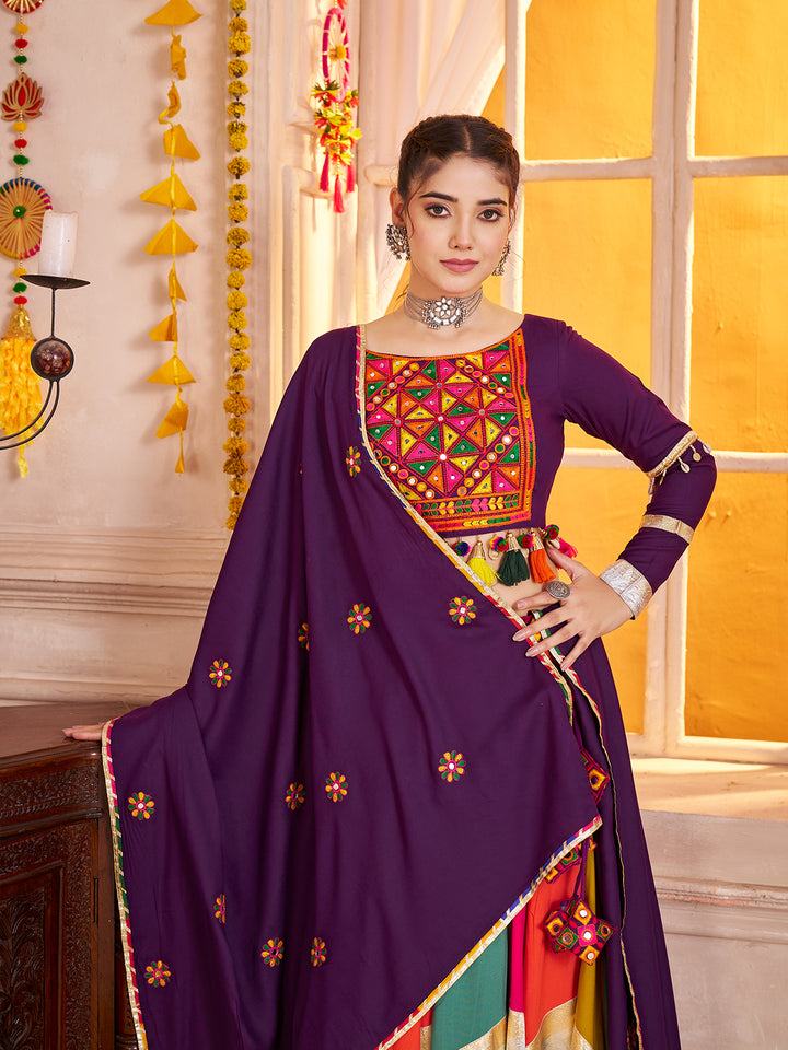 Purple Lehenga Choli for Navratri | Viscose Cotton Thread & Mirror Work | Festive Ethnic Wear