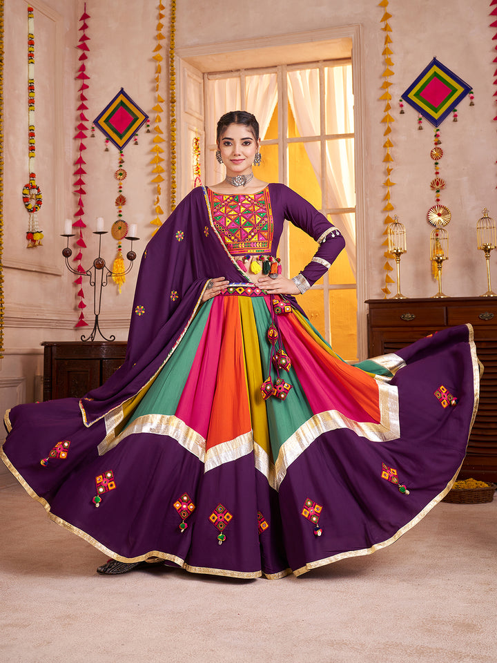 Purple Lehenga Choli for Navratri | Viscose Cotton Thread & Mirror Work | Festive Ethnic Wear