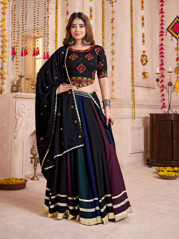 Multi-Color Viscose Cotton Navratri Lehenga Choli with Hand Mirror Work & Lambi Border | Festive Garba Outfit