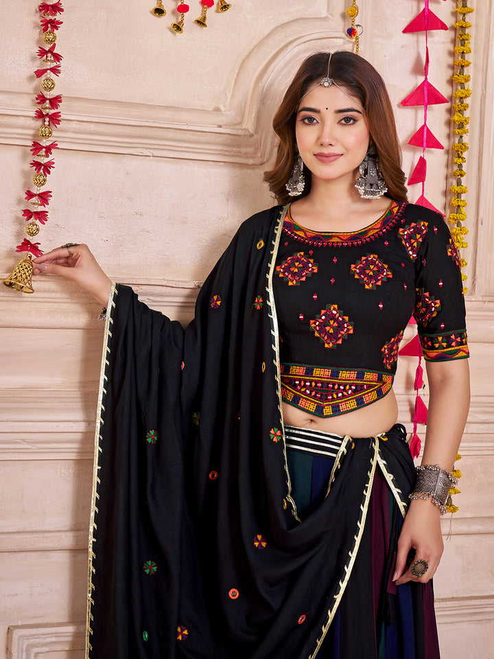 Multi-Color Viscose Cotton Navratri Lehenga Choli with Hand Mirror Work & Lambi Border | Festive Garba Outfit