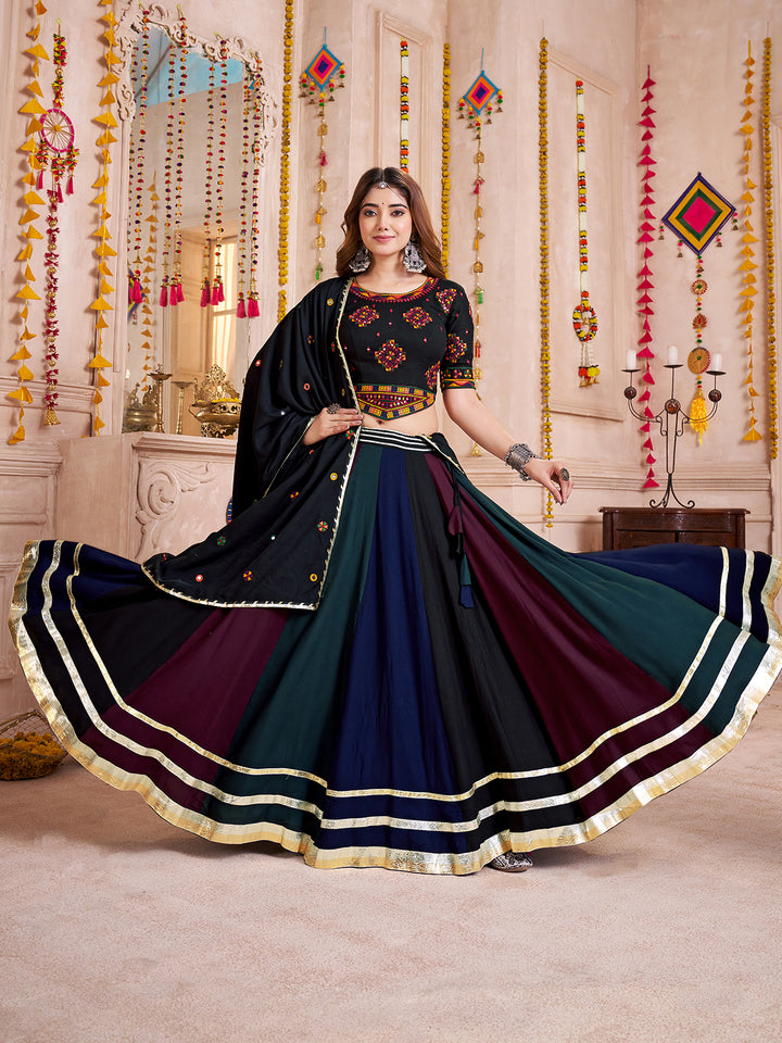 Multi-Color Viscose Cotton Navratri Lehenga Choli with Hand Mirror Work & Lambi Border | Festive Garba Outfit
