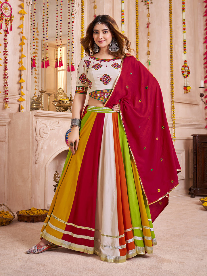 Multi-Color Viscose Cotton Navratri Lehenga Choli with Hand Mirror Work & Lambi Border | Festive Garba Outfit