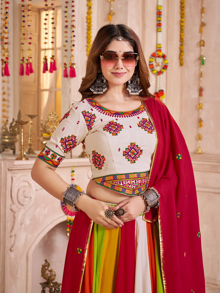 Multi-Color Viscose Cotton Navratri Lehenga Choli with Hand Mirror Work & Lambi Border | Festive Garba Outfit