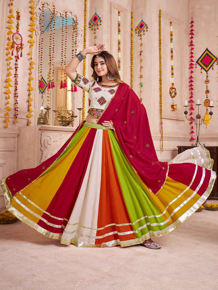 Multi-Color Viscose Cotton Navratri Lehenga Choli with Hand Mirror Work & Lambi Border | Festive Garba Outfit