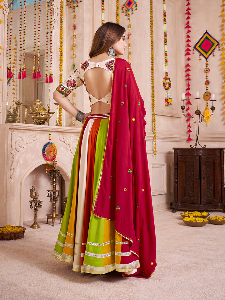 Multi-Color Viscose Cotton Navratri Lehenga Choli with Hand Mirror Work & Lambi Border | Festive Garba Outfit