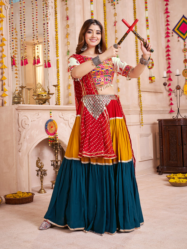 Multi-Color Navratri Lehenga Choli with Mirror & Kodi Work | Viscose Cotton Ghaghra Choli with Dupatta