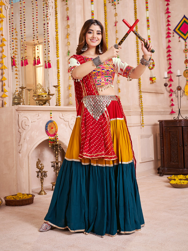 Multi-Color Navratri Lehenga Choli with Mirror & Kodi Work | Viscose Cotton Ghaghra Choli with Dupatta