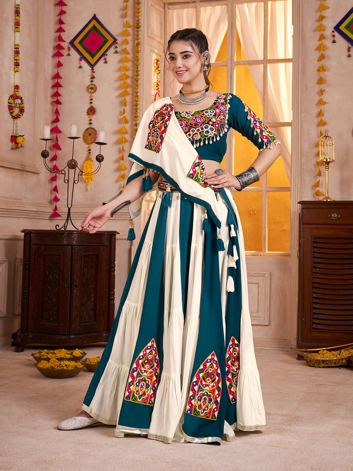 Multi-Color Kutchi Mirror Work Navratri Lehenga Choli with Dupatta – Viscose Cotton Frill Pattern Ghagra Outfit