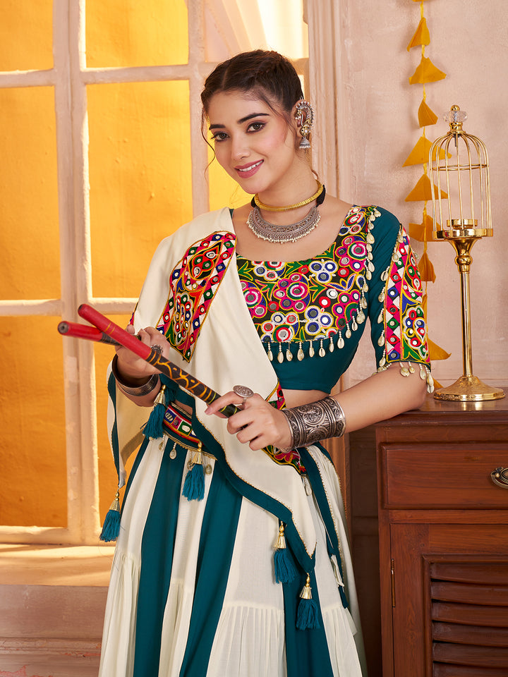 Multi-Color Kutchi Mirror Work Navratri Lehenga Choli with Dupatta – Viscose Cotton Frill Pattern Ghagra Outfit