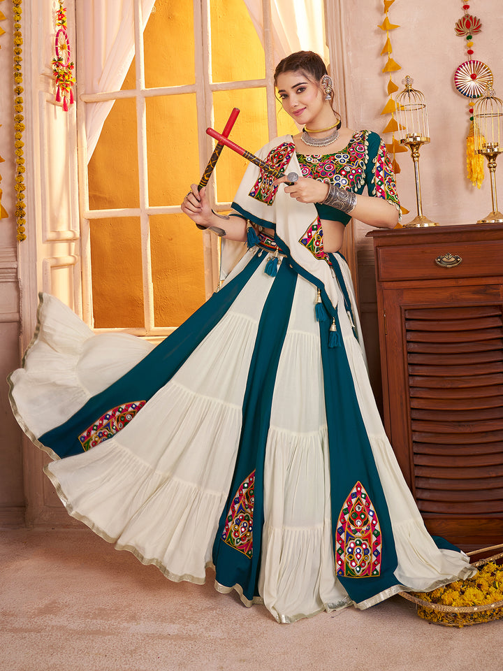 Multi-Color Kutchi Mirror Work Navratri Lehenga Choli with Dupatta – Viscose Cotton Frill Pattern Ghagra Outfit