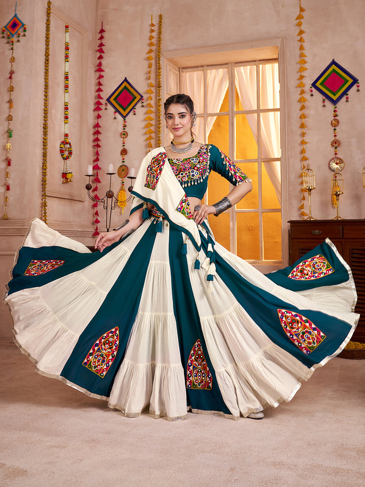 Multi-Color Kutchi Mirror Work Navratri Lehenga Choli with Dupatta – Viscose Cotton Frill Pattern Ghagra Outfit