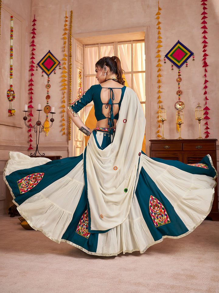 Multi-Color Kutchi Mirror Work Navratri Lehenga Choli with Dupatta – Viscose Cotton Frill Pattern Ghagra Outfit