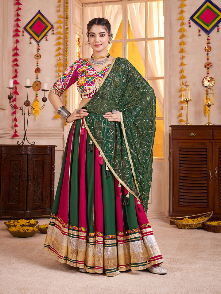 Multi-Color Viscose Cotton Navratri Lehenga with Kutchi Mirror Work Choli & Embroidered Dupatta