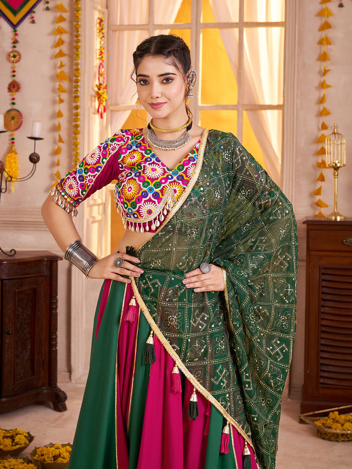 Multi-Color Viscose Cotton Navratri Lehenga with Kutchi Mirror Work Choli & Embroidered Dupatta