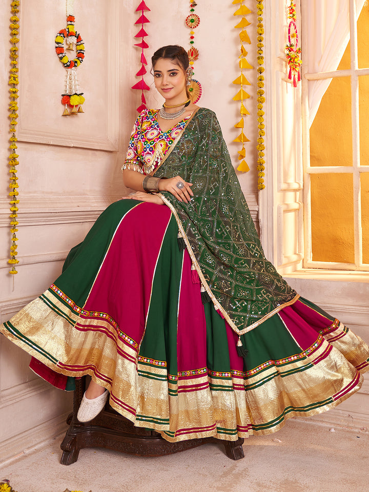 Multi-Color Viscose Cotton Navratri Lehenga with Kutchi Mirror Work Choli & Embroidered Dupatta