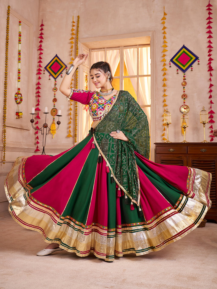 Multi-Color Viscose Cotton Navratri Lehenga with Kutchi Mirror Work Choli & Embroidered Dupatta