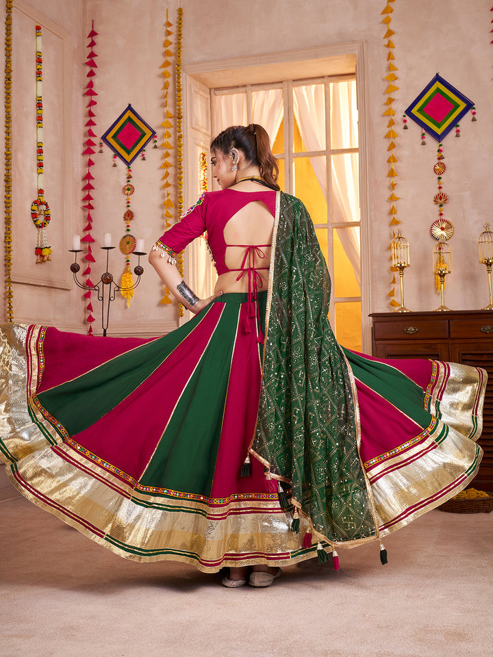 Multi-Color Viscose Cotton Navratri Lehenga with Kutchi Mirror Work Choli & Embroidered Dupatta