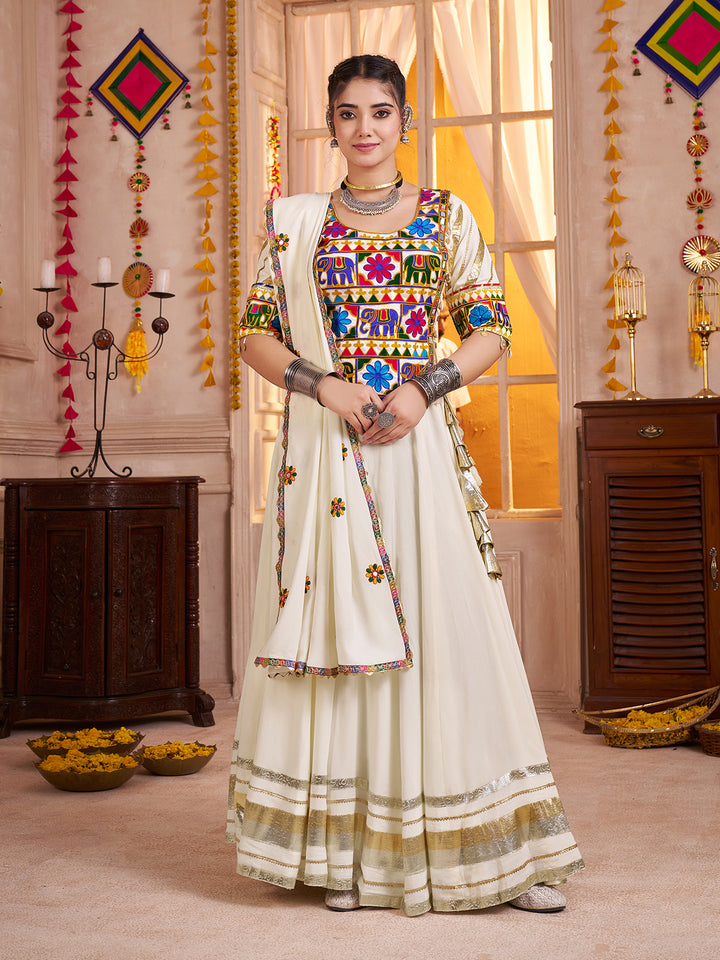 White Navratri Lehenga Choli with Kutchi Mirror Work, Kodi Embellishment & Embroidered Dupatta | Viscose Cotton Festive Wear