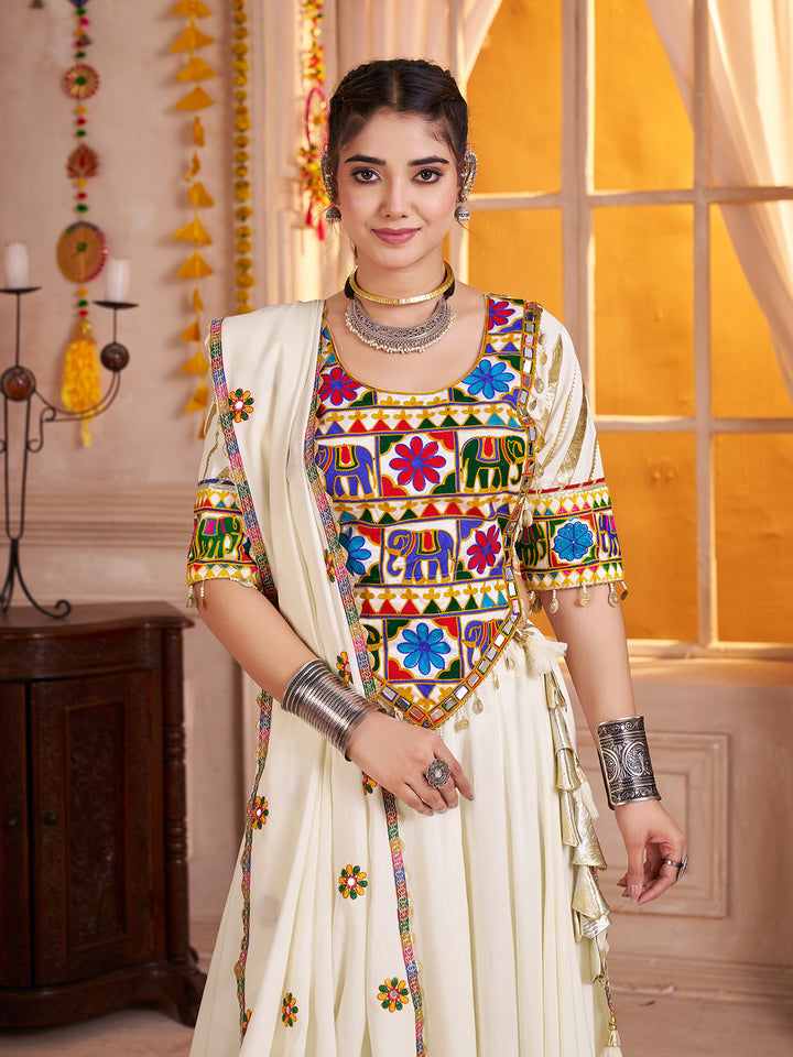 White Navratri Lehenga Choli with Kutchi Mirror Work, Kodi Embellishment & Embroidered Dupatta | Viscose Cotton Festive Wear