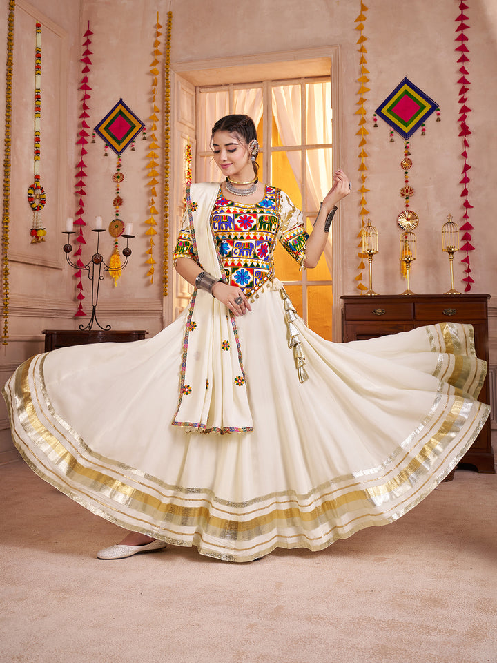 White Navratri Lehenga Choli with Kutchi Mirror Work, Kodi Embellishment & Embroidered Dupatta | Viscose Cotton Festive Wear